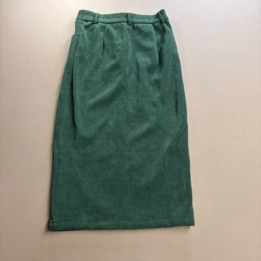 PrettyGarden Green Ribbed Chenille Corduroy Look Pencil Skirt Front Slit Sz 6